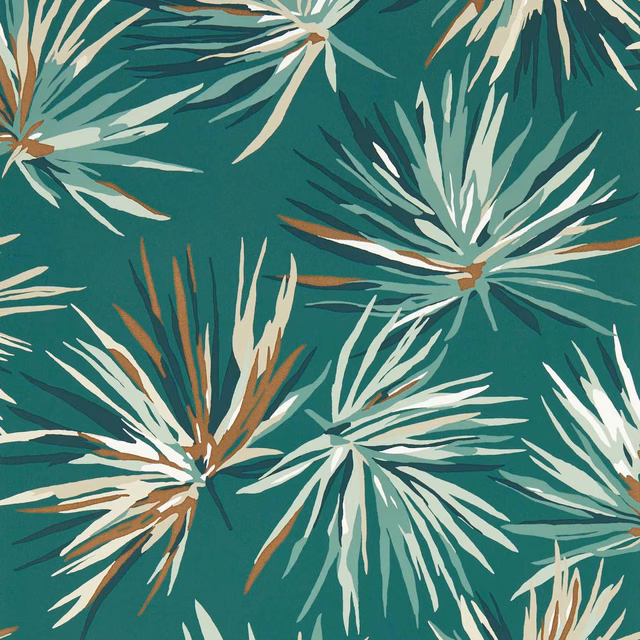Deep teal wallpaper with cream, mint and copper spiky botanical bursts