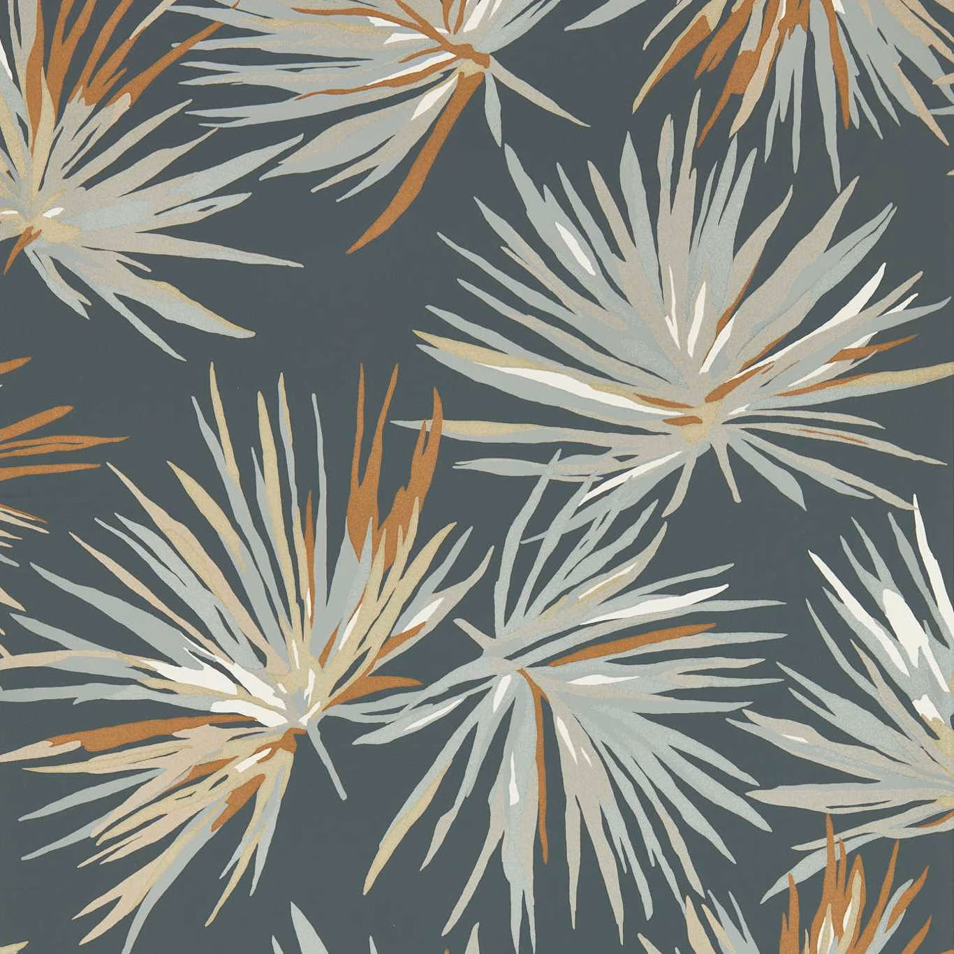 Slate-grey wallpaper with pale botanical bursts and bronze topaz accents