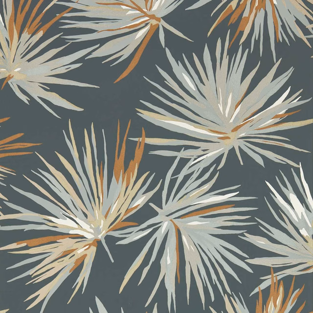 Slate-grey wallpaper with pale botanical bursts and bronze topaz accents
