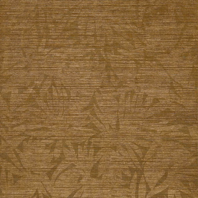 Warm bronze wallpaper with horizontal striations and subtle oversized botanical silhouettes