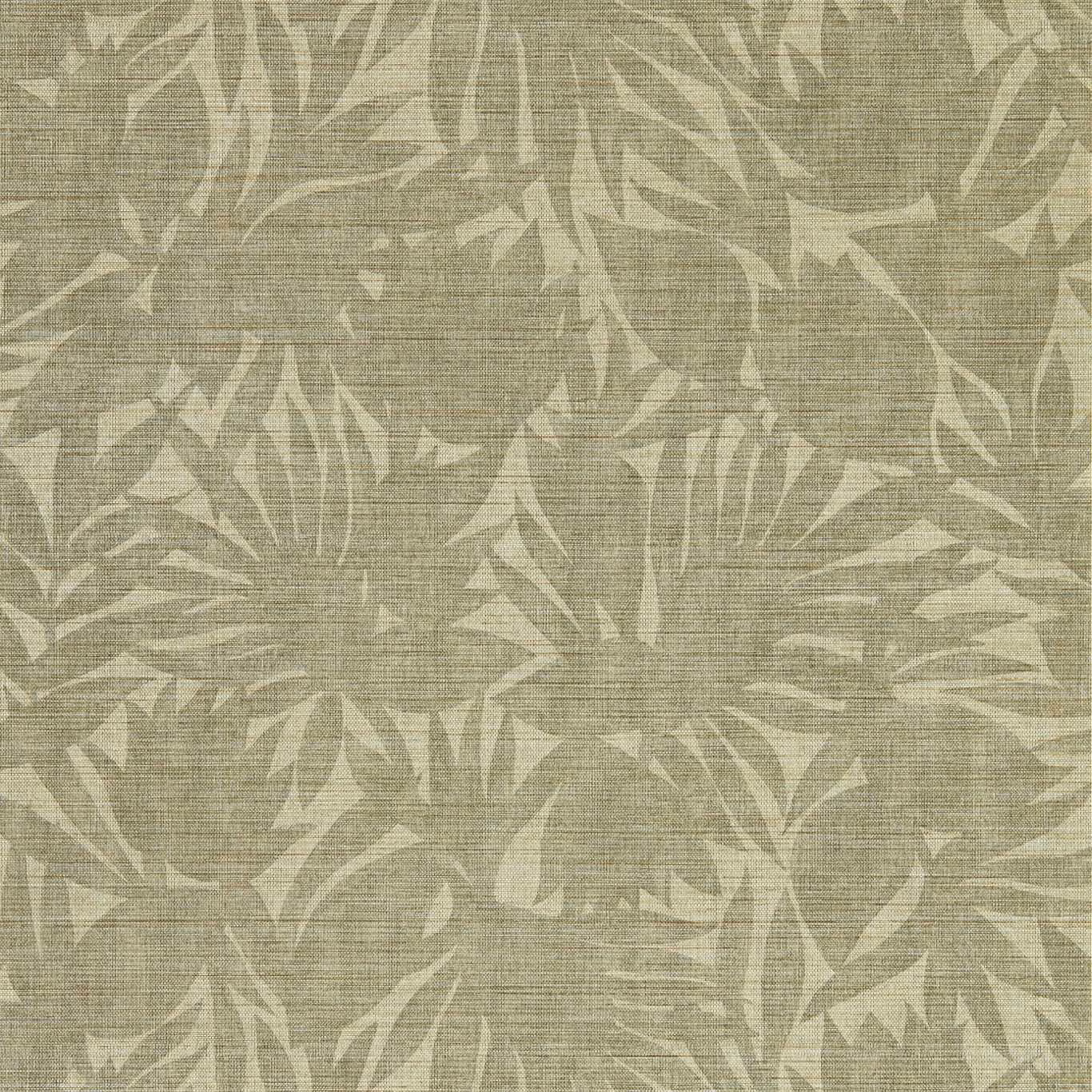 Muted olive-grey wallpaper with pale leafy silhouettes over fine horizontal striations