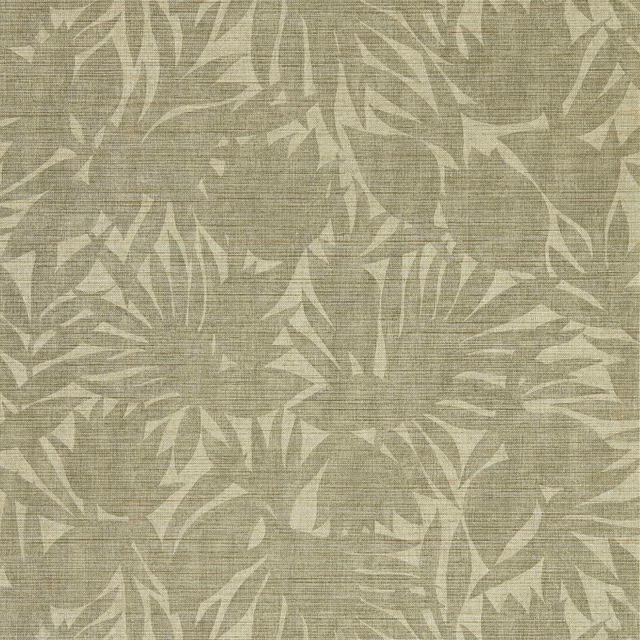 Muted olive-grey wallpaper with pale leafy silhouettes over fine horizontal striations