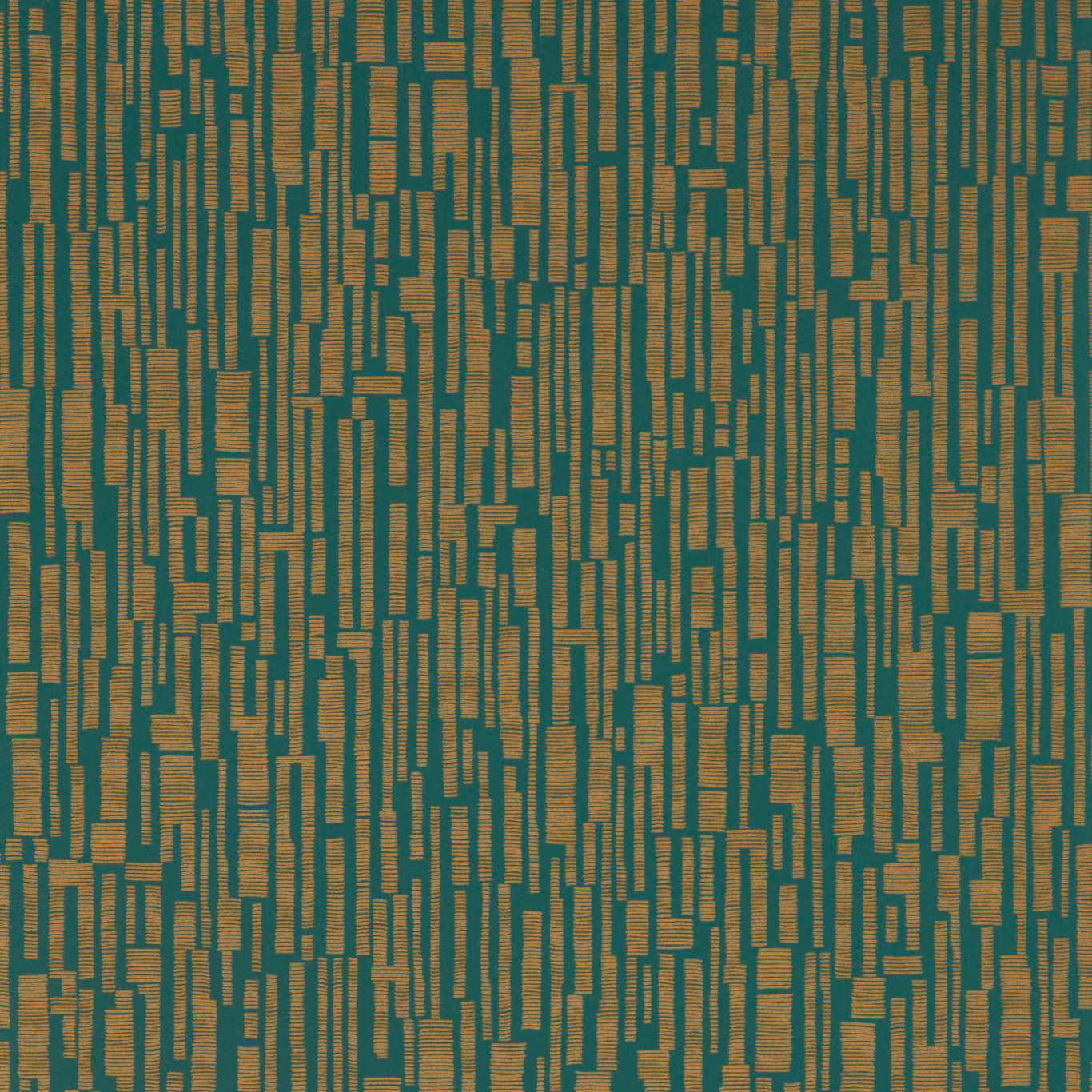 Forest teal wallpaper with dense copper vertical bars and rectangular geometric marks