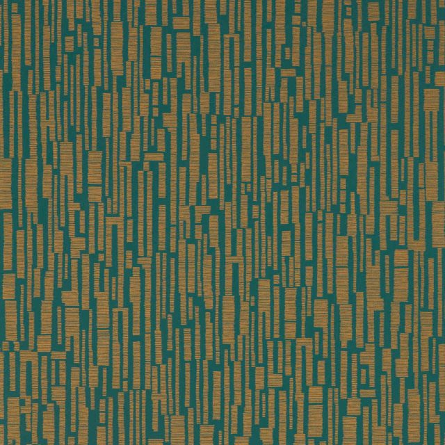 Forest teal wallpaper with dense copper vertical bars and rectangular geometric marks