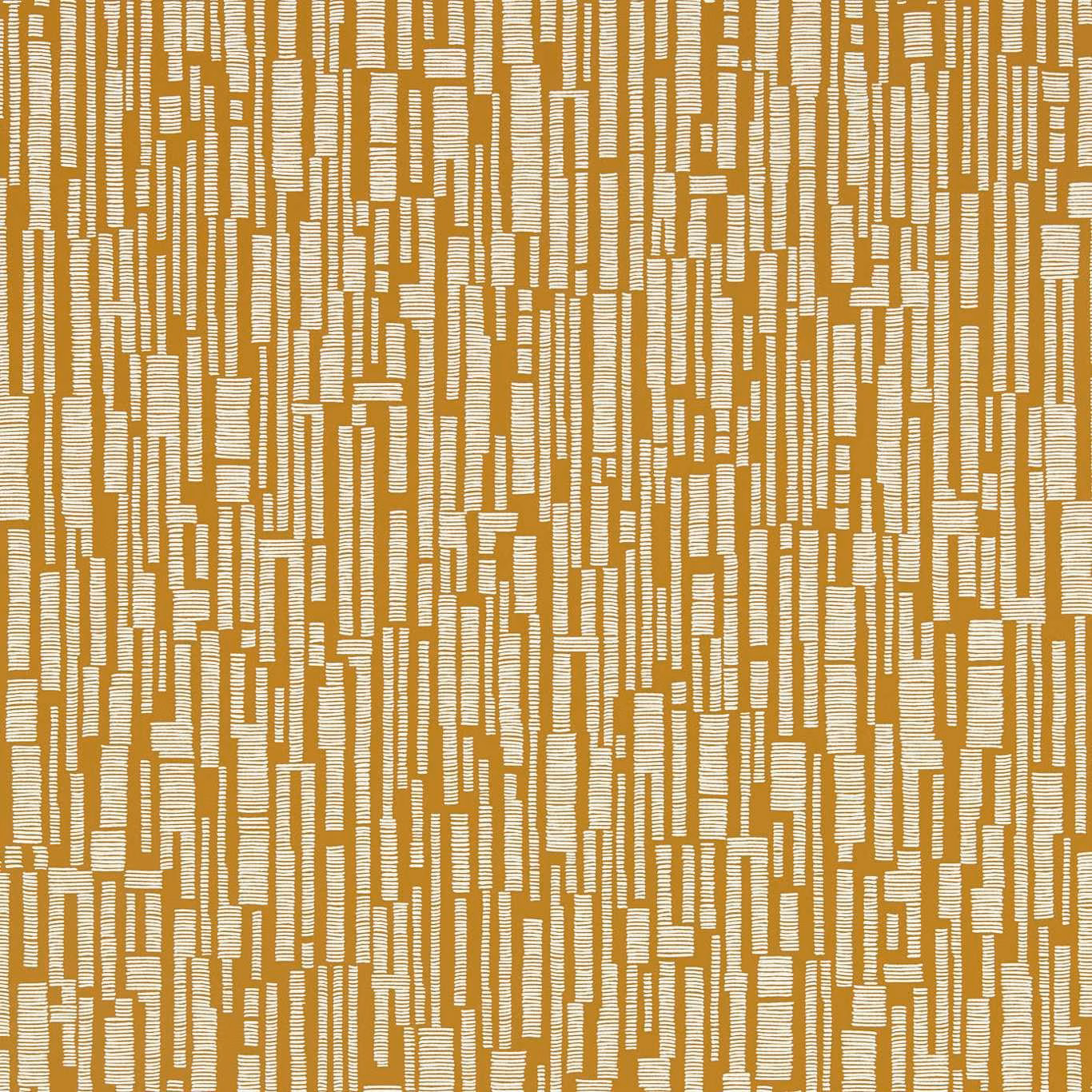 Saffron ochre wallpaper with cream broken vertical bars and fine striated texture