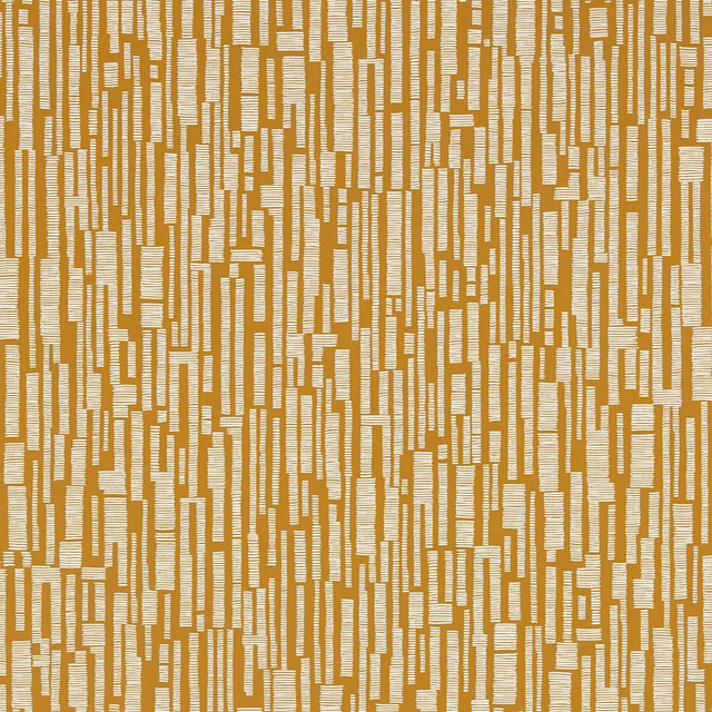 Saffron ochre wallpaper with cream broken vertical bars and fine striated texture