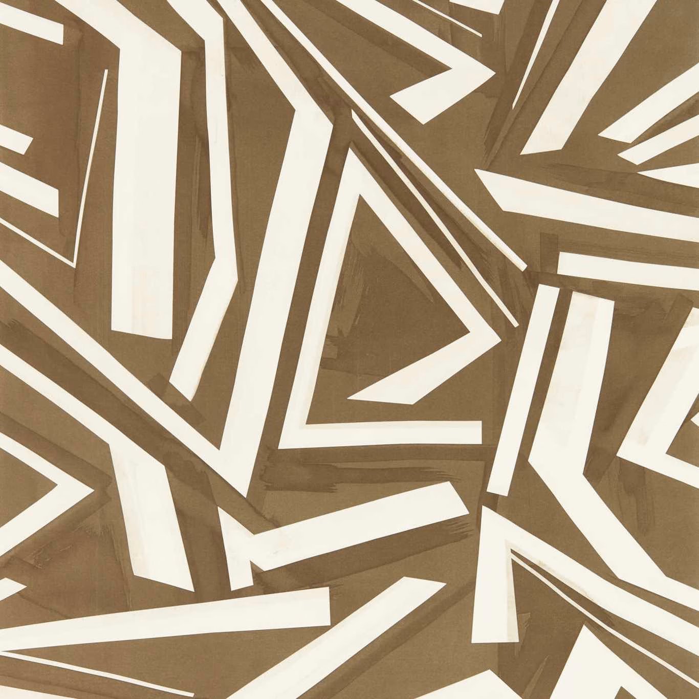 Bronze-brown wallpaper with bold ivory angular bands and subtle tonal variation