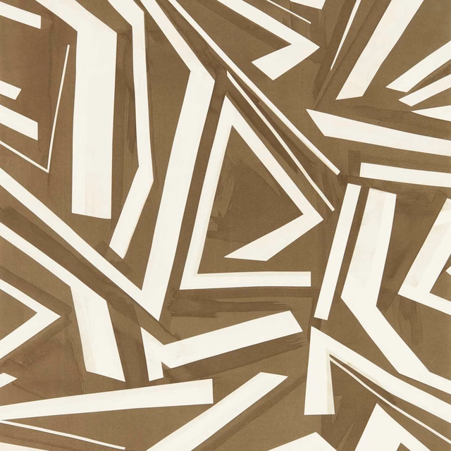 Bronze-brown wallpaper with bold ivory angular bands and subtle tonal variation