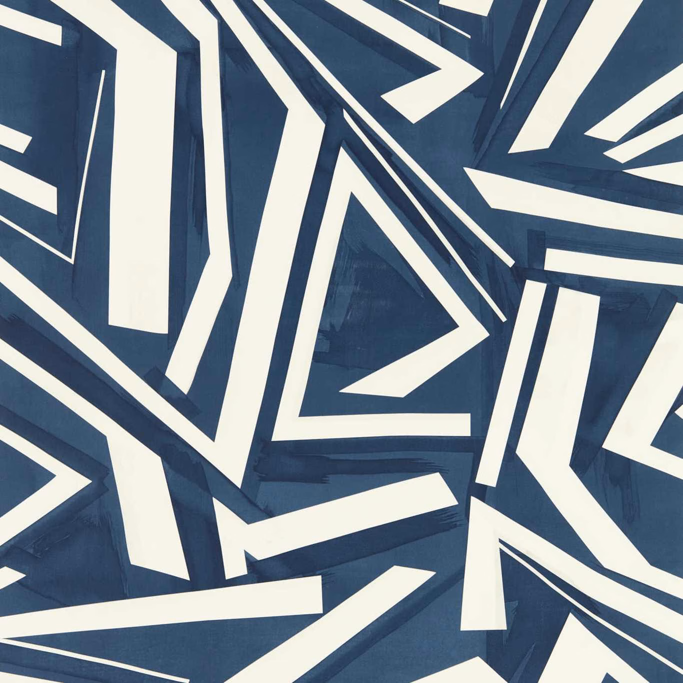 Deep ink-blue wallpaper with bold ivory angular bands and layered painterly texture