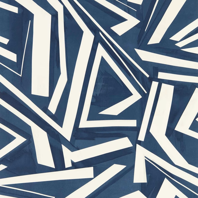 Deep ink-blue wallpaper with bold ivory angular bands and layered painterly texture