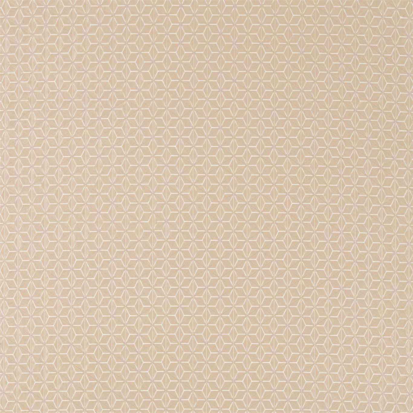 Pale taupe Laceria fabric with a fine ivory geometric lattice and subtle woven texture