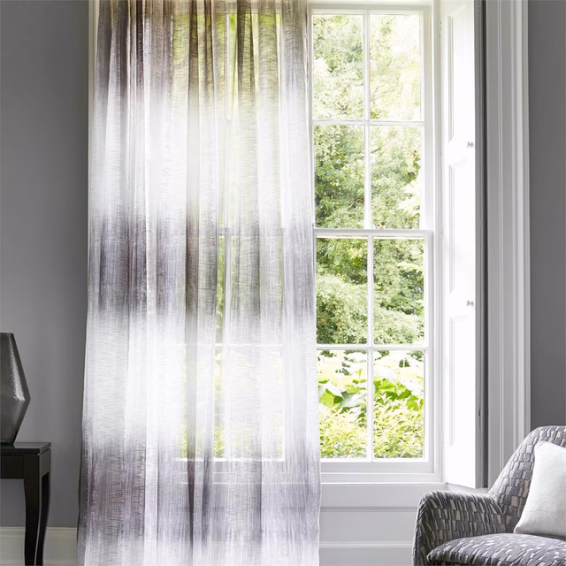Ivory sheer with charcoal and steel-grey brushed checks and fine vertical striations