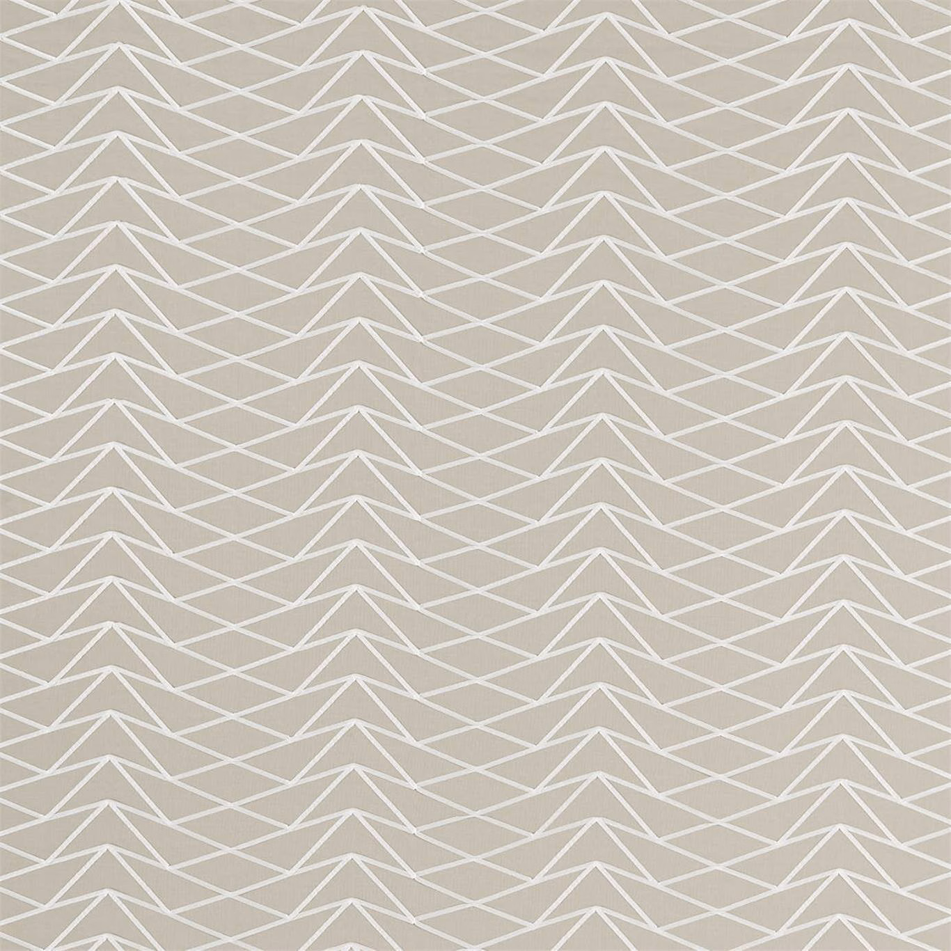 Pale greige woven fabric with ivory interlocking chevrons in a fine texture
