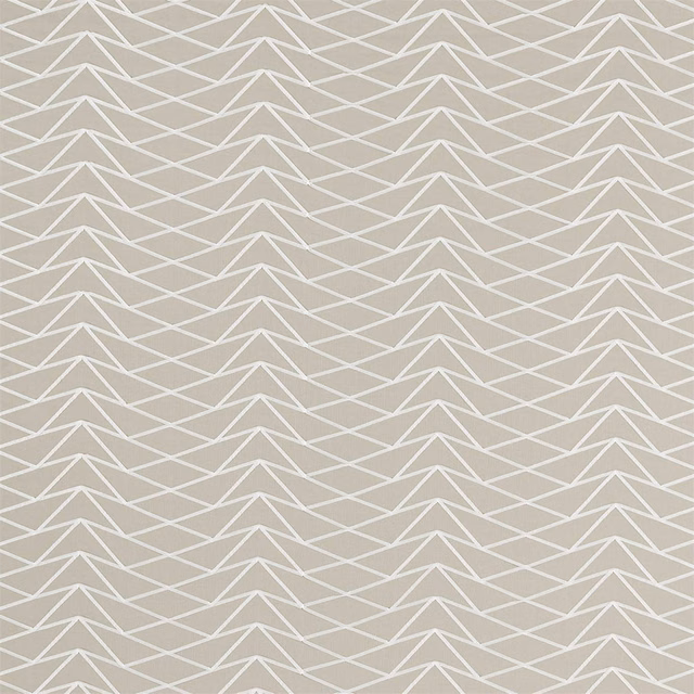 Pale greige woven fabric with ivory interlocking chevrons in a fine texture