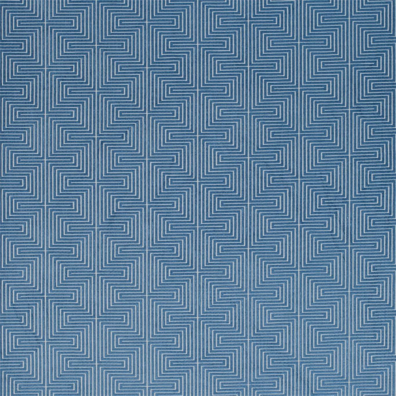 Muted blue velvet with pale interlocking maze lines and softly shaded pile