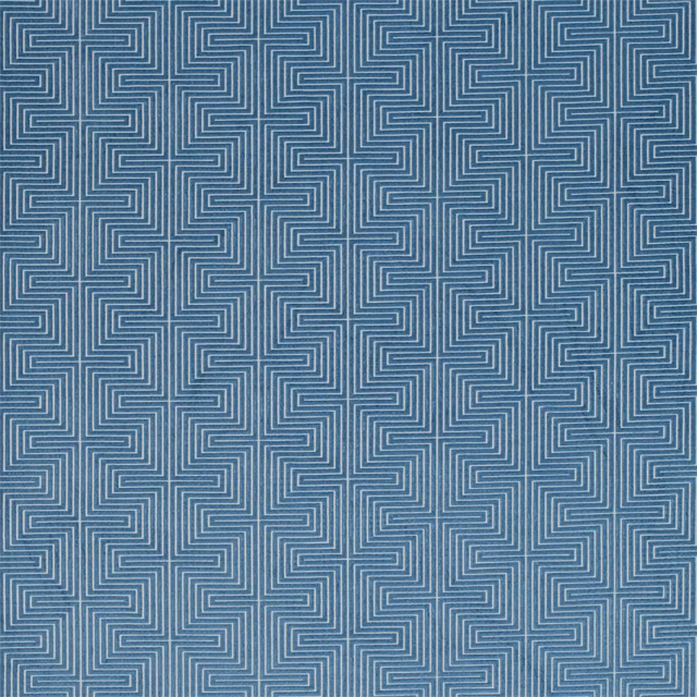 Muted blue velvet with pale interlocking maze lines and softly shaded pile