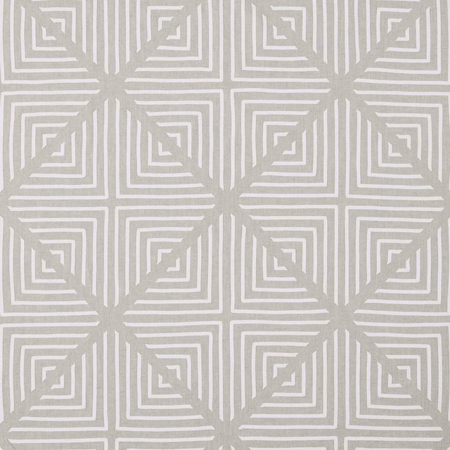 Cool grey-beige woven ground with chalk-white stepped geometric squares