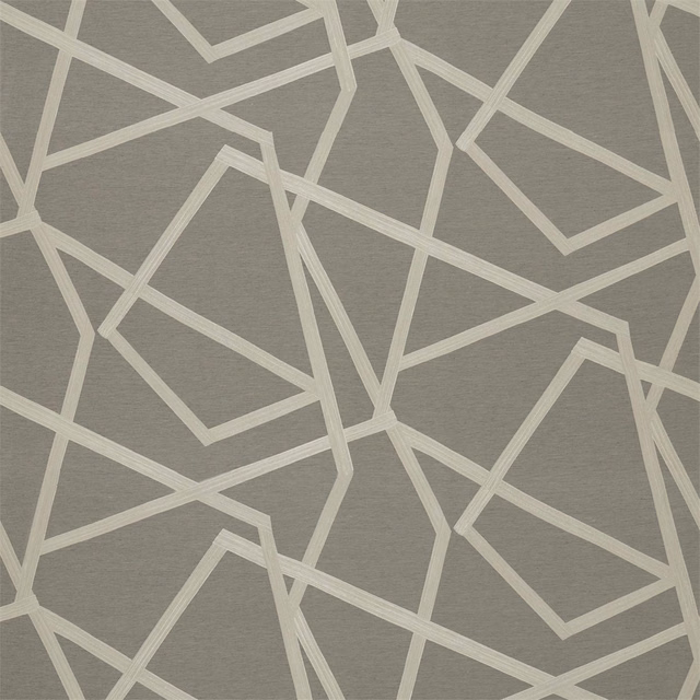 Stone taupe woven fabric with intersecting ivory angular lines and subtle horizontal texture