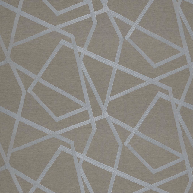 Warm taupe-grey woven ground with intersecting angular dove-silver bands