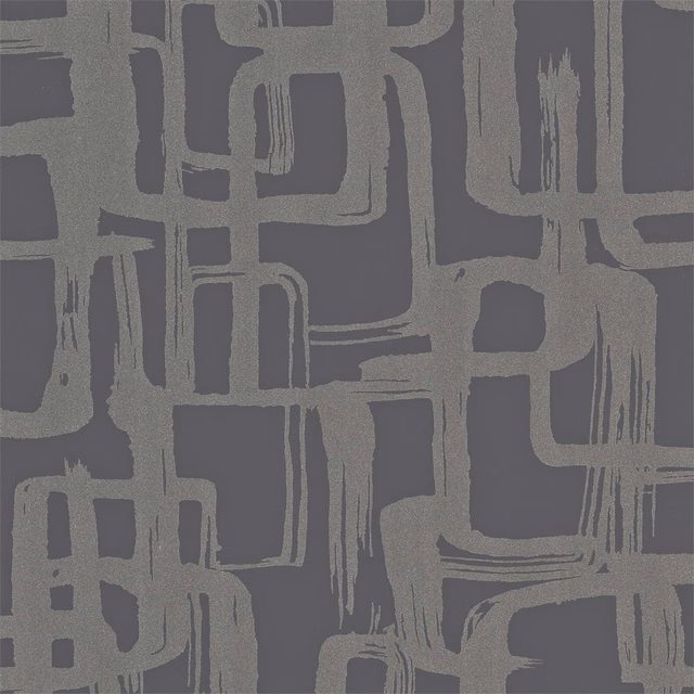 Silver-grey abstract brushstrokes forming large loops on a deep slate-grey ground