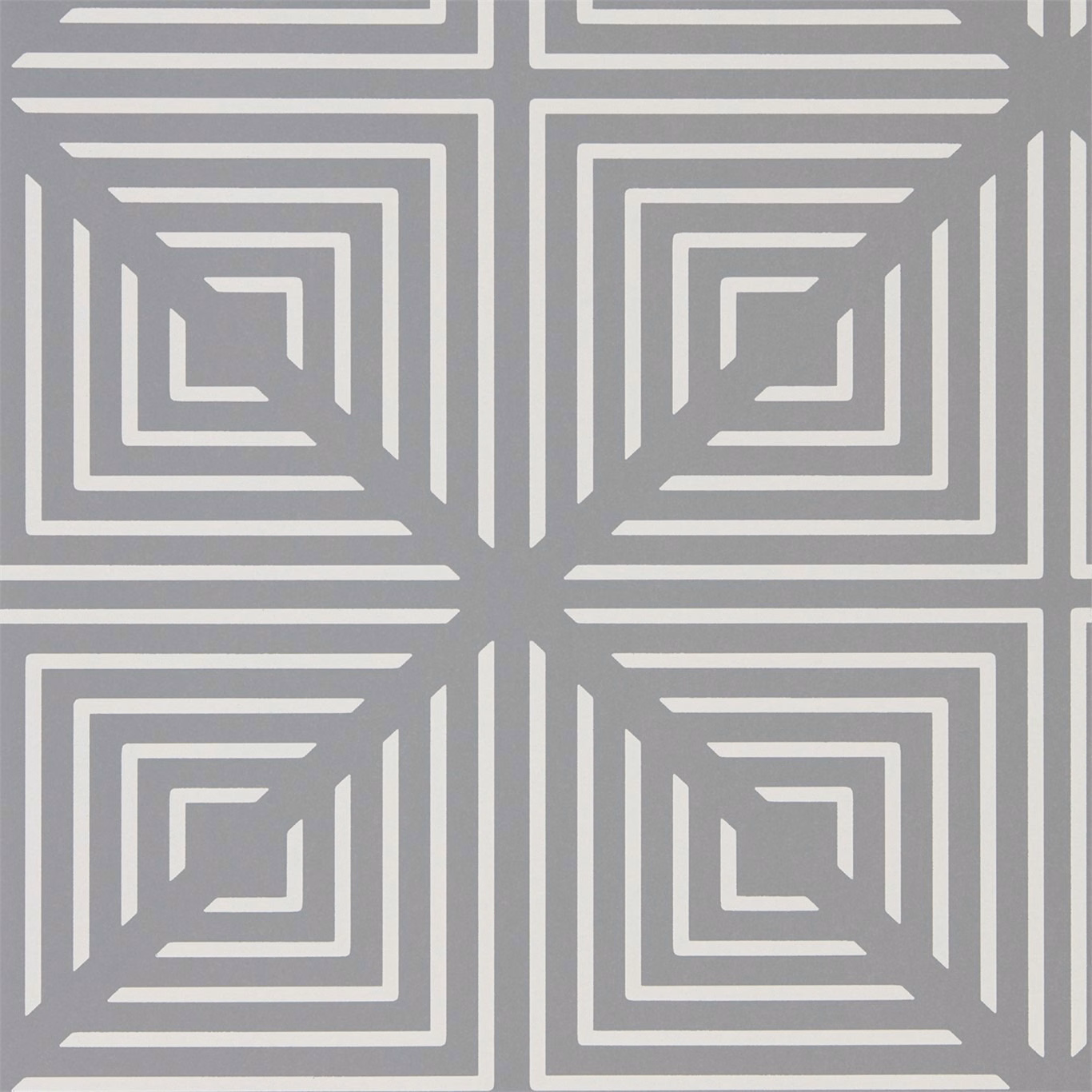 Cool slate-grey wallpaper with chalk-white nested square lines in a bold repeat