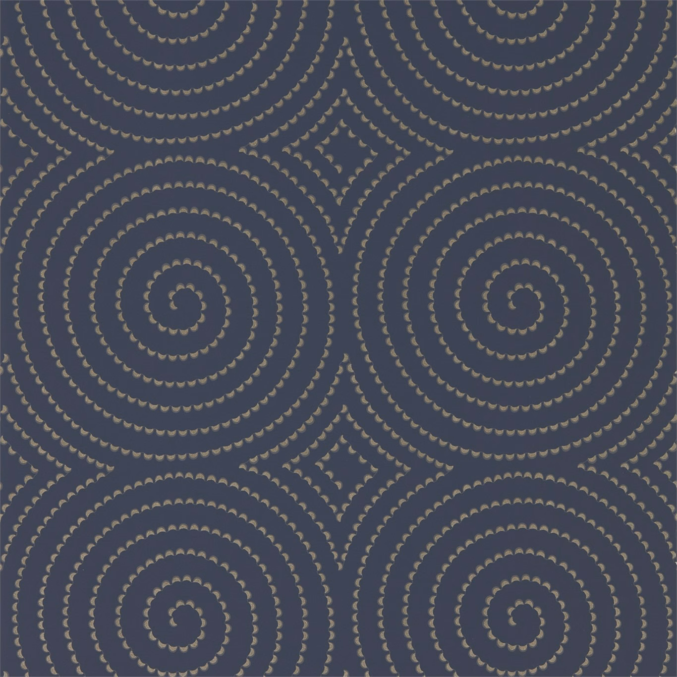 Deep slate-blue wallpaper with taupe-gold dotted spiral medallions and diamond motifs