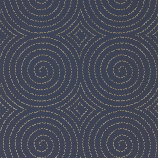 Deep slate-blue wallpaper with taupe-gold dotted spiral medallions and diamond motifs