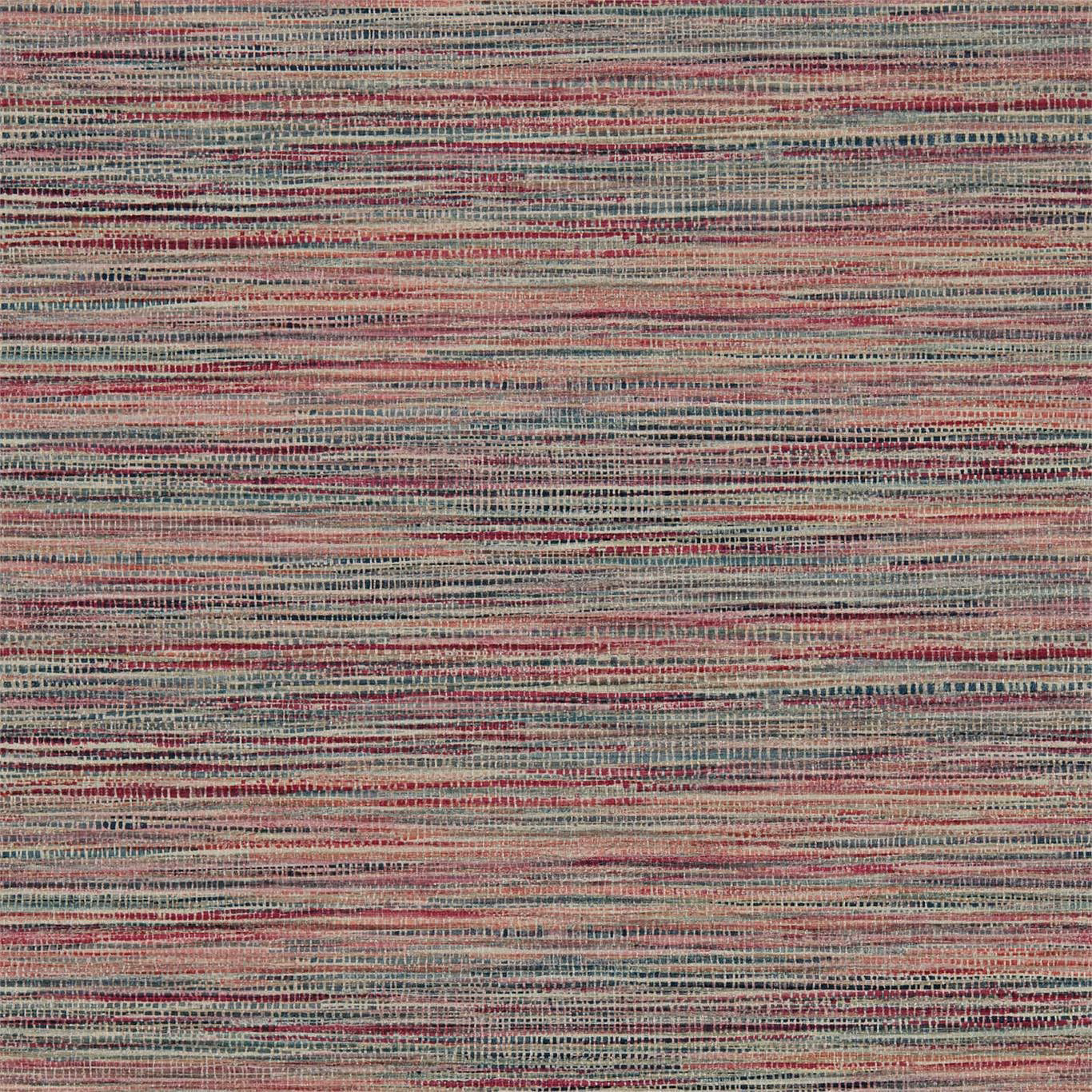 Cerise and teal wallpaper with fine irregular horizontal striations and charcoal detail