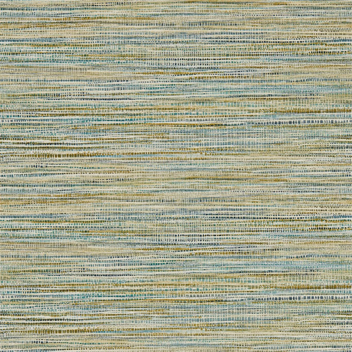 Muted marine-blue and aqua wallpaper with cream and sandy beige horizontal striations