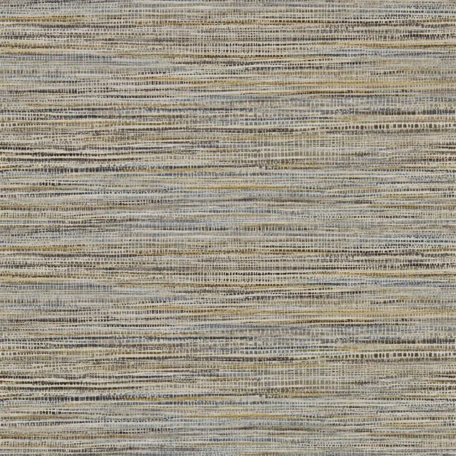 Muted ochre and steel-grey wallpaper with fine irregular horizontal woven stripes