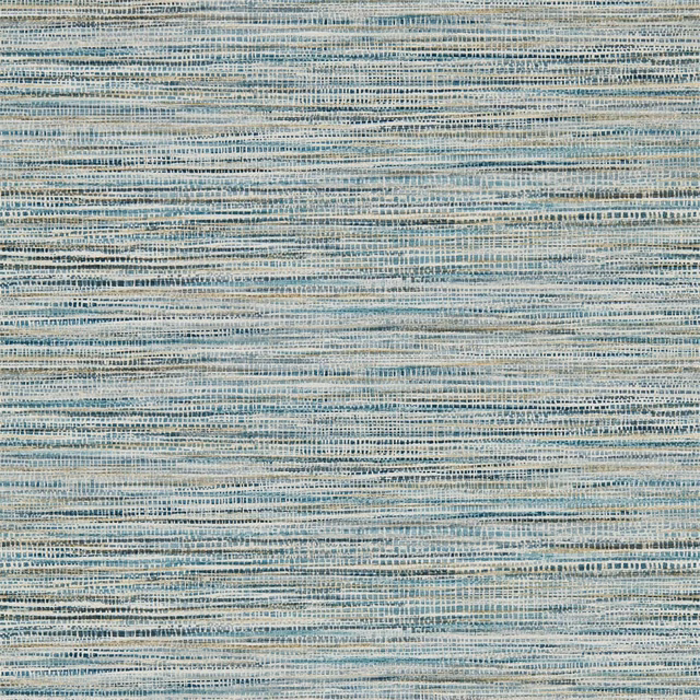 Pale sky blue wallpaper with fine horizontal ochre and cream striations