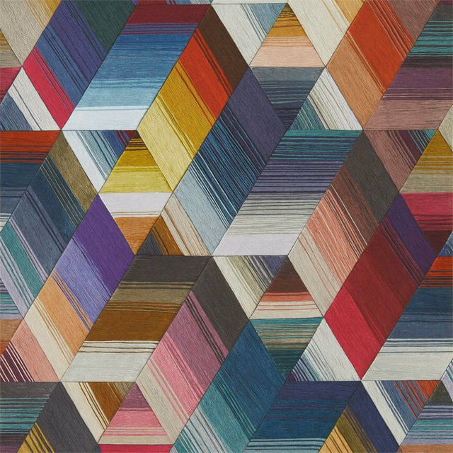 Cerise, teal and navy geometric wallpaper with fine striped blocks and angled patchwork