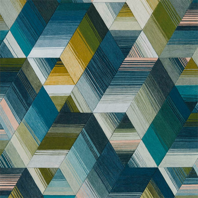 Emerald teal geometric wallpaper with olive, cream and blush striated panels