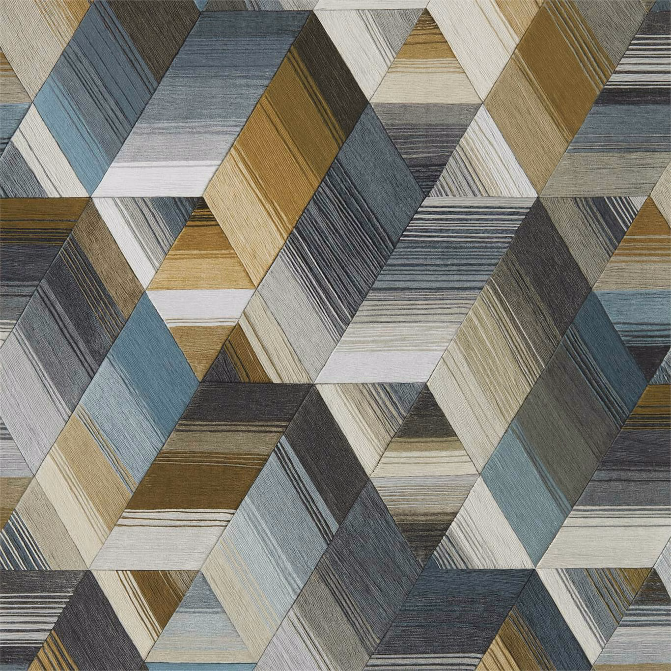 Muted ochre, steel blue-grey and charcoal geometric wallpaper with fine linear striations