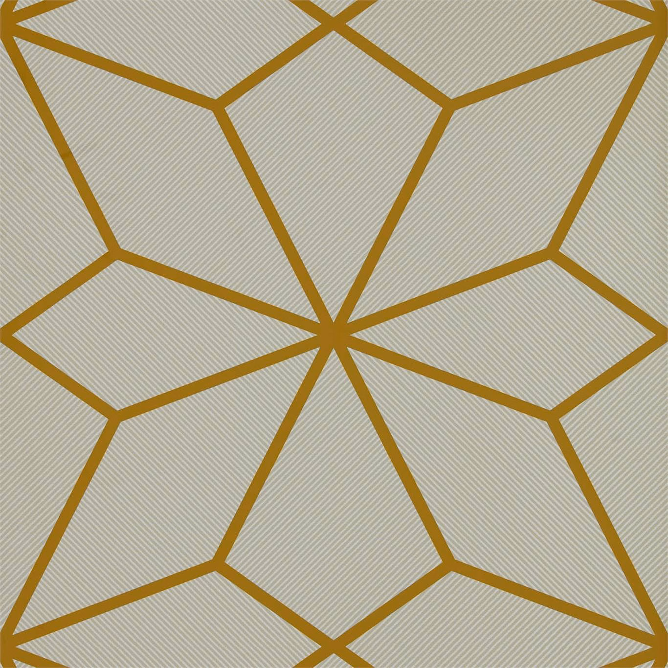 Muted sage wallpaper with ochre geometric cells and fine diagonal striations
