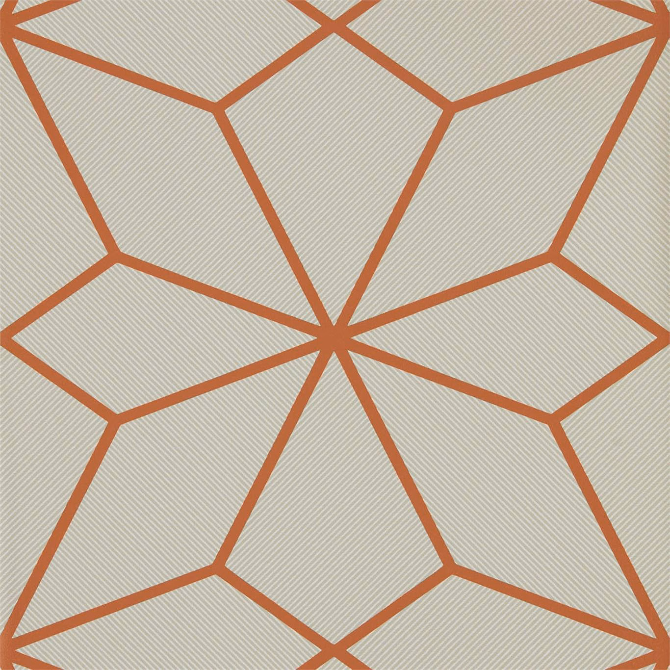 Rust-orange polygon lines over a pale sage-grey finely striped wallpaper
