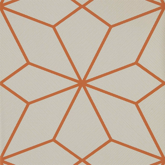 Rust-orange polygon lines over a pale sage-grey finely striped wallpaper