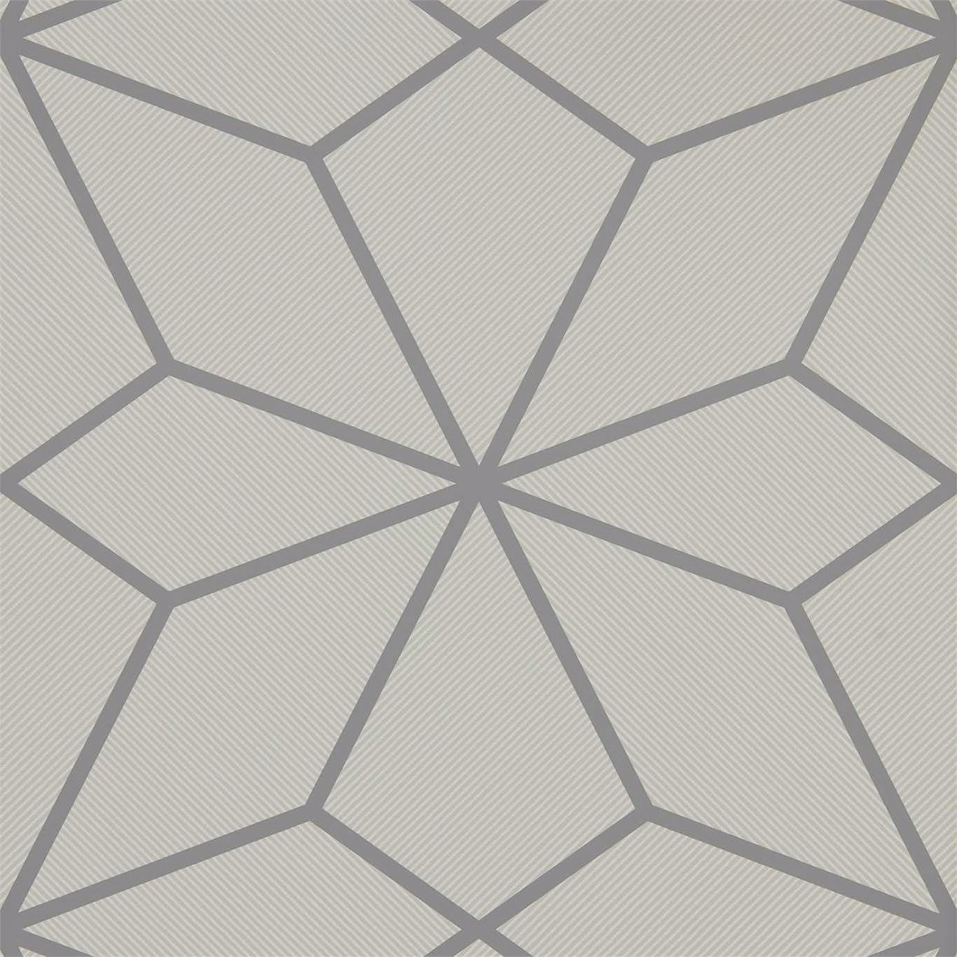 Cool slate-grey faceted geometry over a finely textured pale grey wallpaper ground