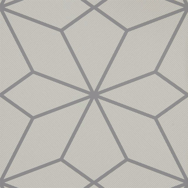 Cool slate-grey faceted geometry over a finely textured pale grey wallpaper ground