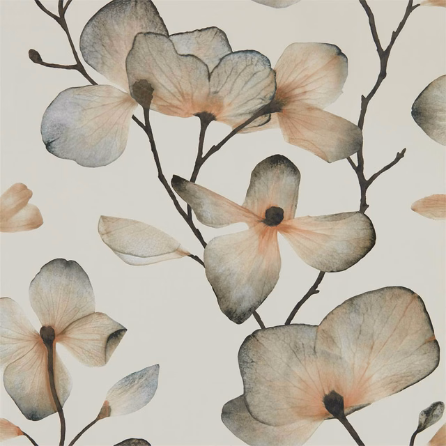 Bronze and graphite watercolor flowers with dark branching stems on a pale ground