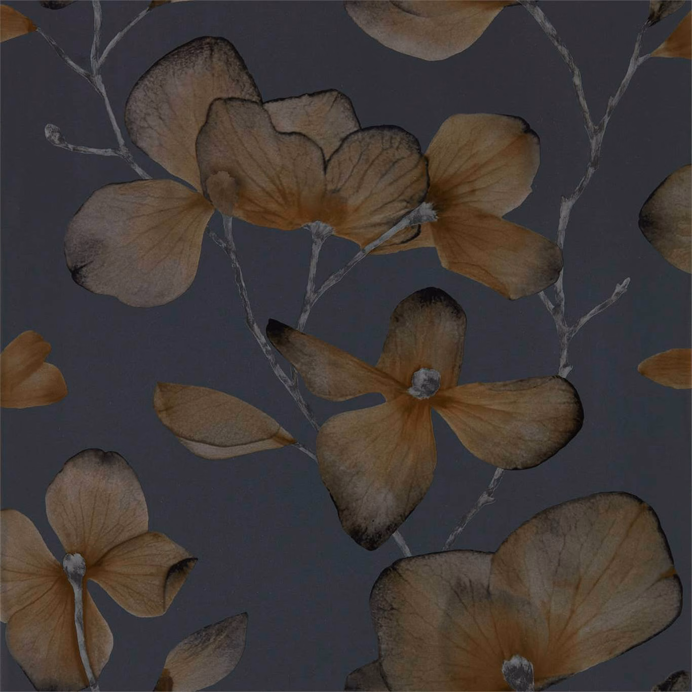 Large bronze flowers and silvery branches across a deep graphite ground