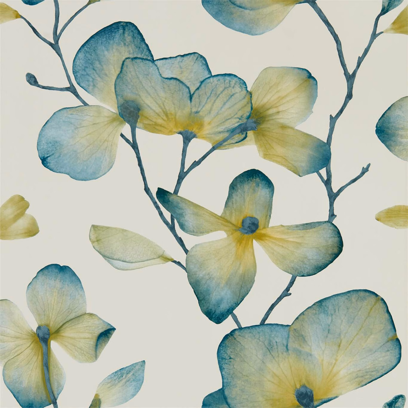 Watercolour floral wallpaper with marine blue petals, yellow-green centres and dark branching stems
