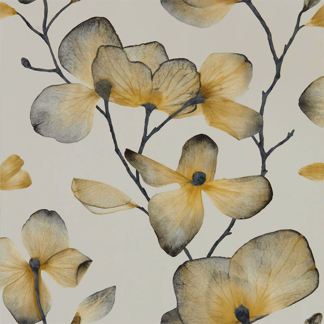 Painterly ochre flowers with steel-grey branches on a pale stone wallpaper ground