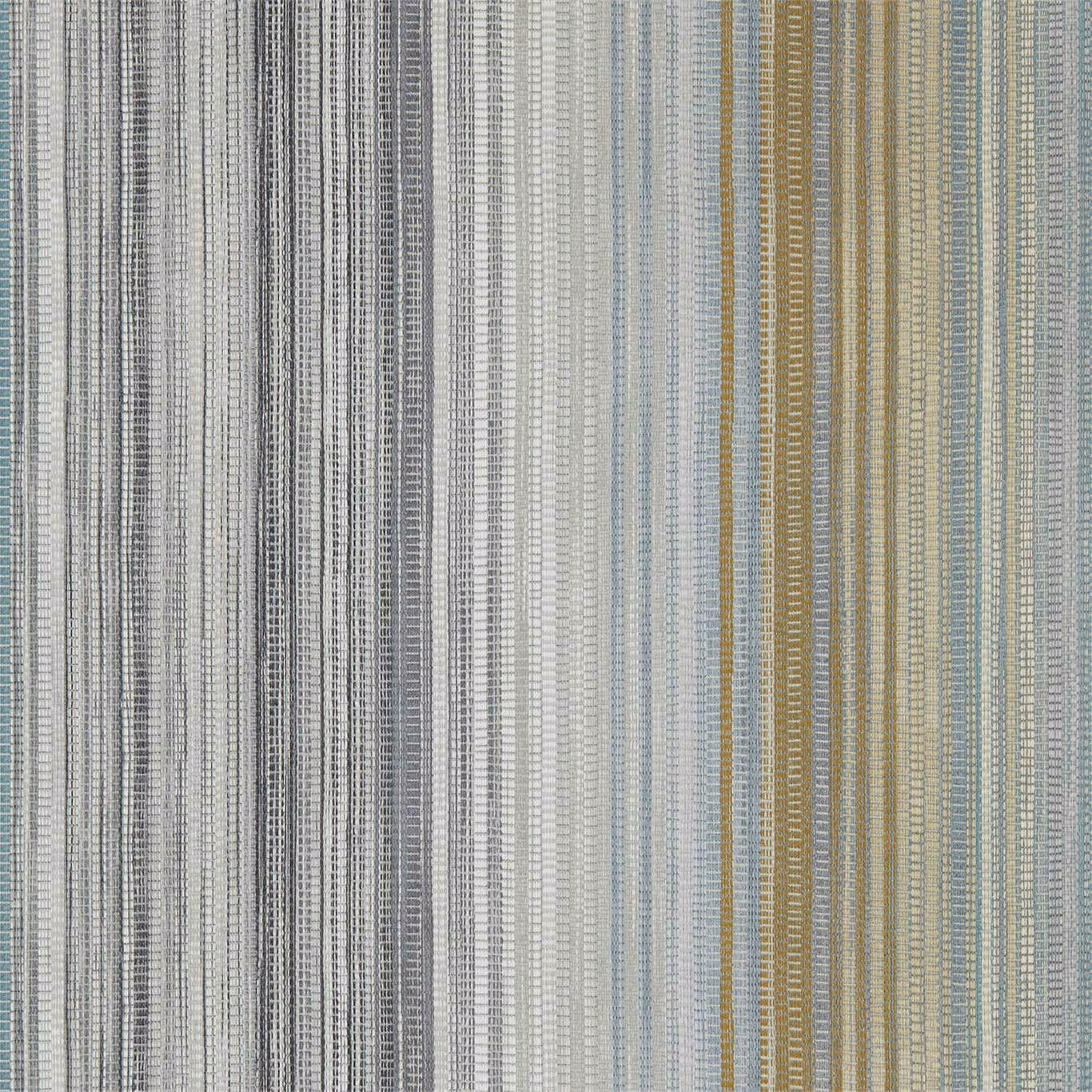 Graphite wallpaper with pale blue, cream and olive-gold narrow vertical stripes