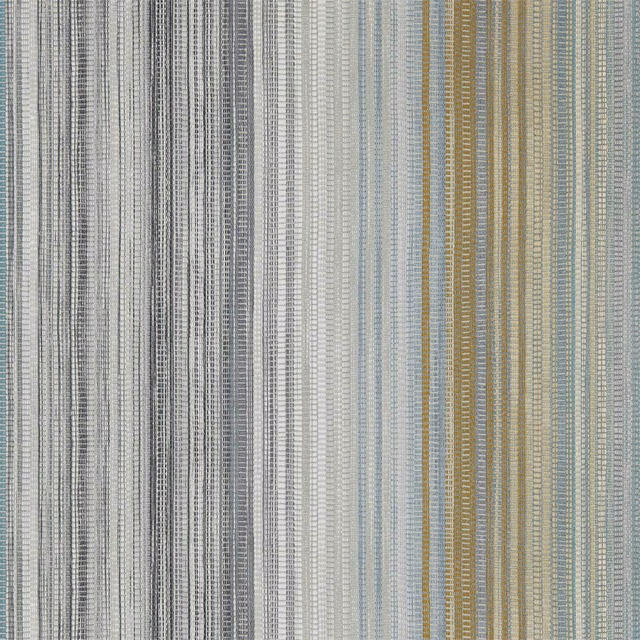 Graphite wallpaper with pale blue, cream and olive-gold narrow vertical stripes