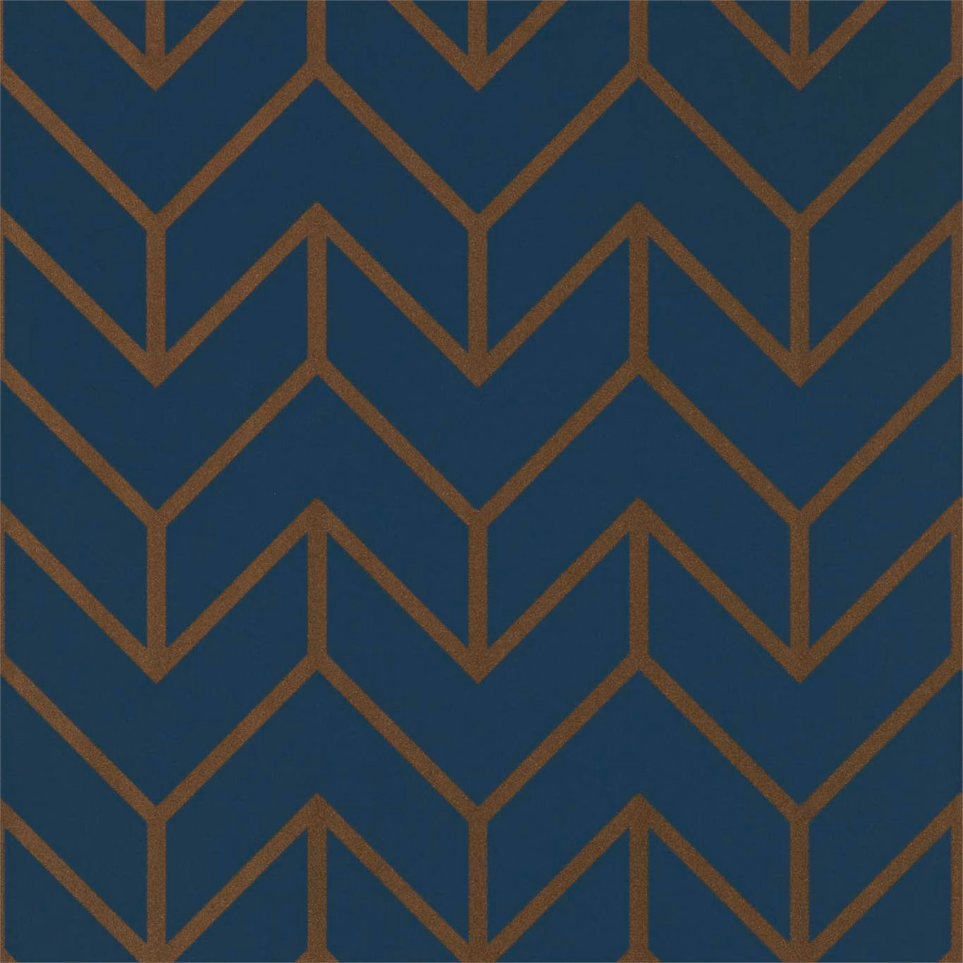 Deep marine blue wallpaper with repeating copper angular chevrons and geometric zigzags