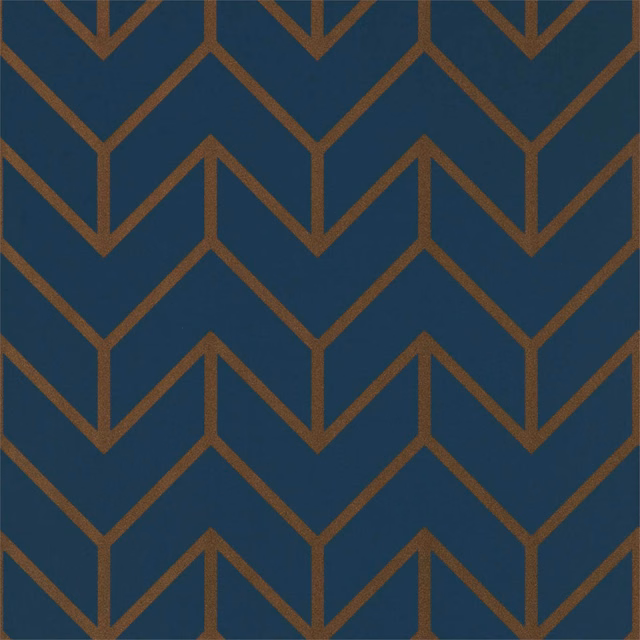 Deep marine blue wallpaper with repeating copper angular chevrons and geometric zigzags