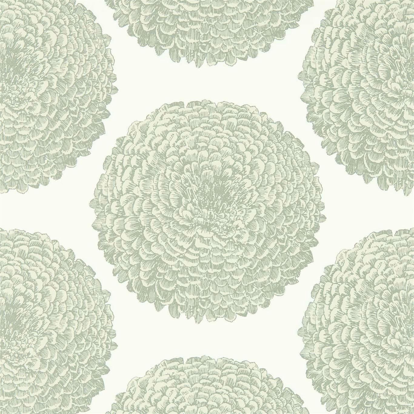 Pale mint floral medallions repeating across a chalk white wallpaper ground