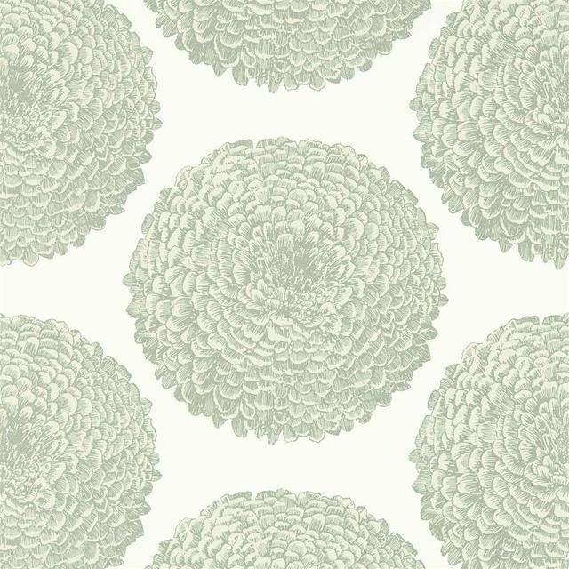 Pale mint floral medallions repeating across a chalk white wallpaper ground