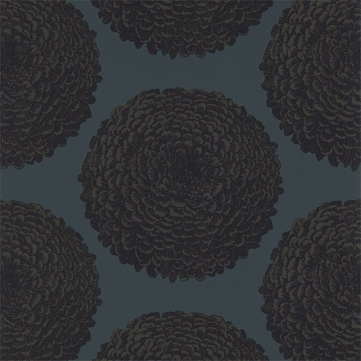 Deep teal wallpaper with charcoal layered chrysanthemum rosettes in a large repeat